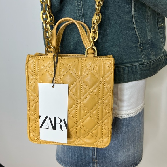 Zara Womens Shoulder Bag Quilt Mustard Yellow Mini Tote Crossbody Bag Purse New - Picture 2 of 15